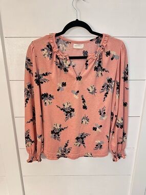 MELLODAY M peach floral ruffle V neck long sleeve blouse cottagecore shabby chic